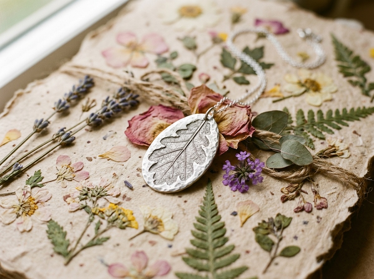 Collection Herbier - pendentif avec empreinte de feuille réelle