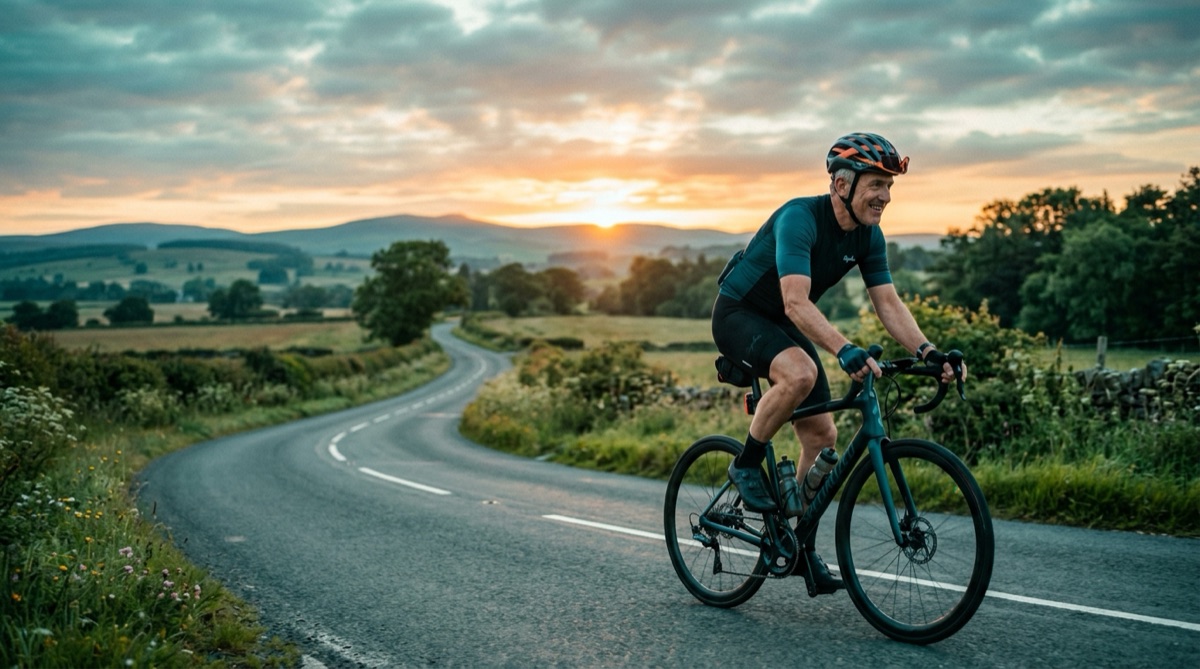 Philippe à vélo sur une route de campagne au lever du soleil